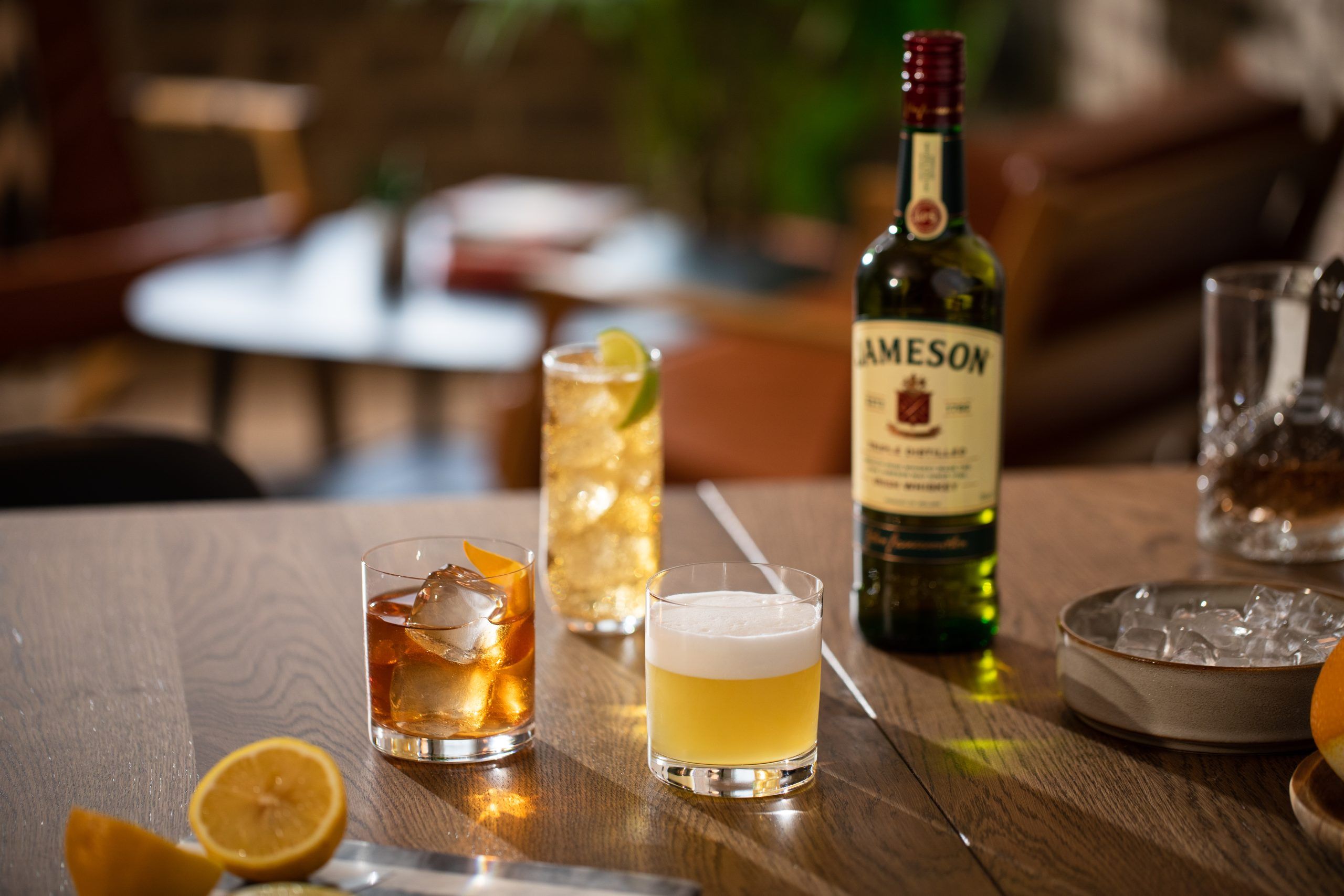 Mix of whiskey cocktails with Jameson (whiskey sour, old fashioned, jameson ginger lime)