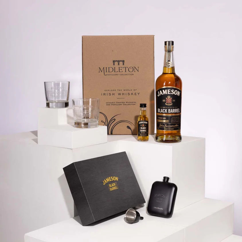 Personalised whiskey gift set for Jameson Black Barrel whiskey fan, with a name-engraved Black Barrel flask, bottle of Black Barrel, Black Barrel miniature, and set of two whiskey glasses.