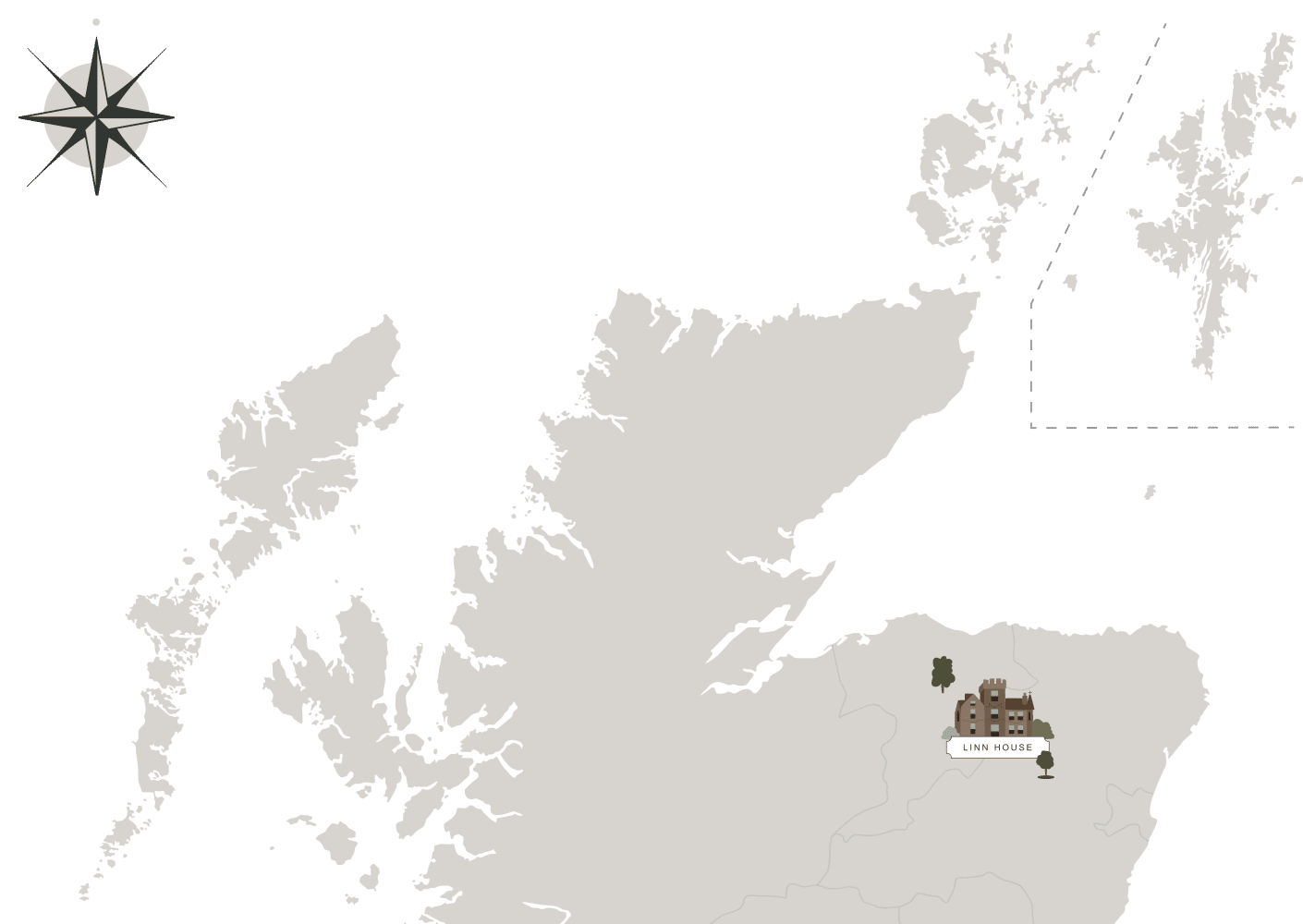 Map of the North of Scotland showing the location of Linnhouse and a compass.