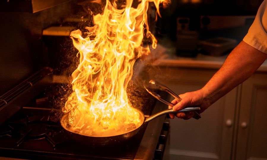 An image of a chef cooking gourmet food in a flaming pan.