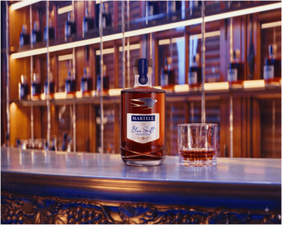 Bottle of Martell Blue Swift with a glass on a bar