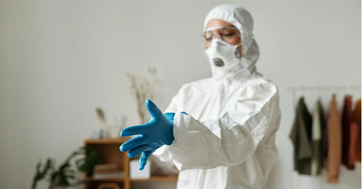 Researcher in protective gear working in a laboratory setting.