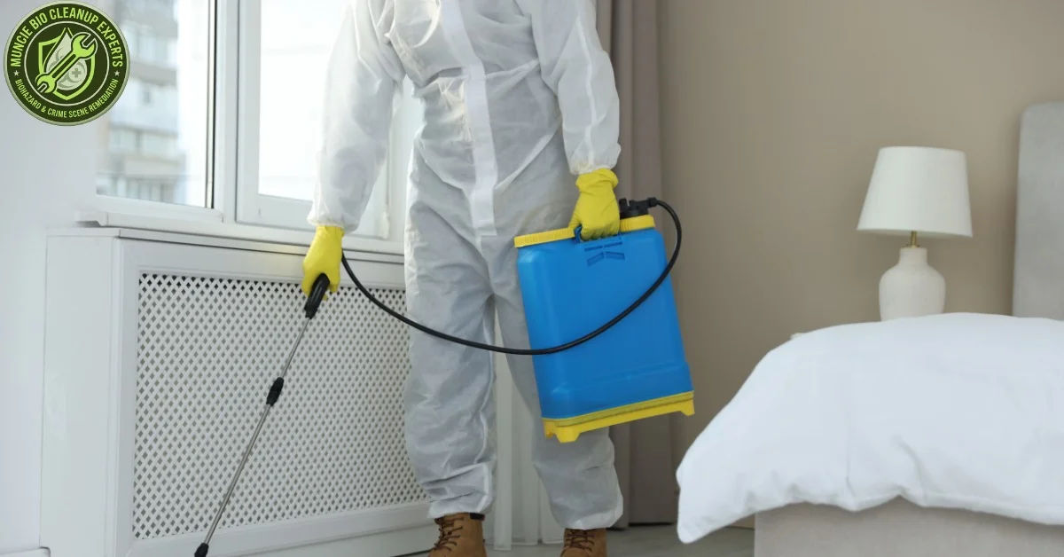Close-up of a person disinfecting a bathroom sink with gloves and spray bottle.