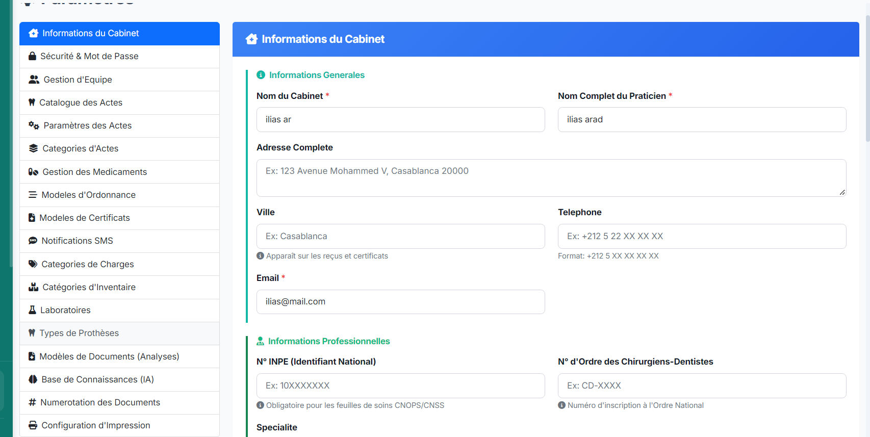 Paramètres et configuration Dentia
