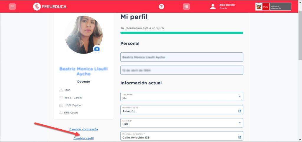 Cambiar perfil en PeruEduca 2023