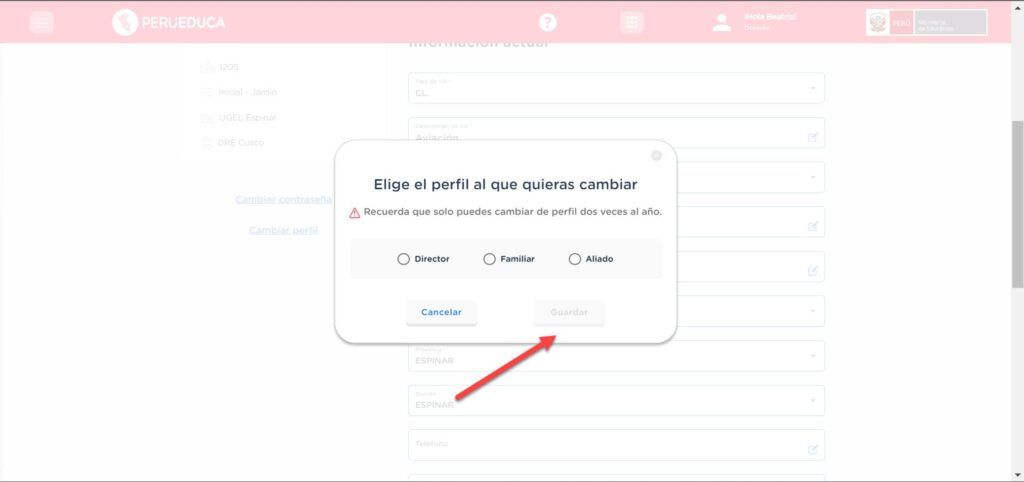 Cambiar perfil en PeruEduca 2023