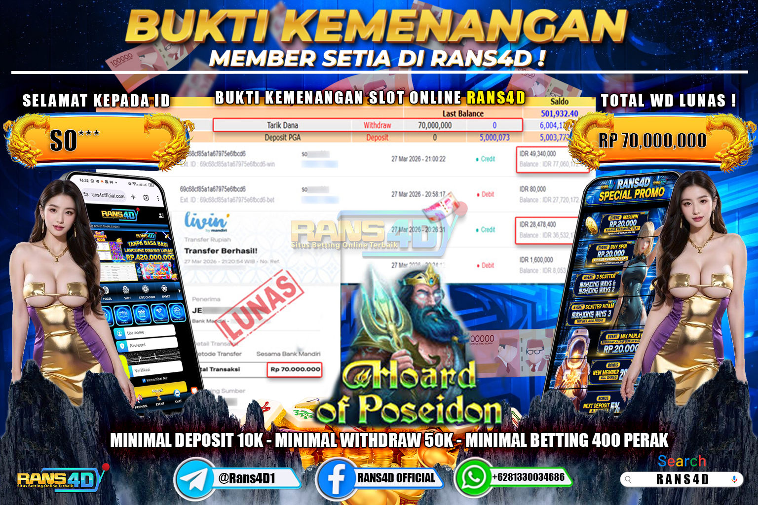 RANS4D JACKPOT SLOT HOARD OF POSEIDON Rp. 70.000.000,- LUNAS