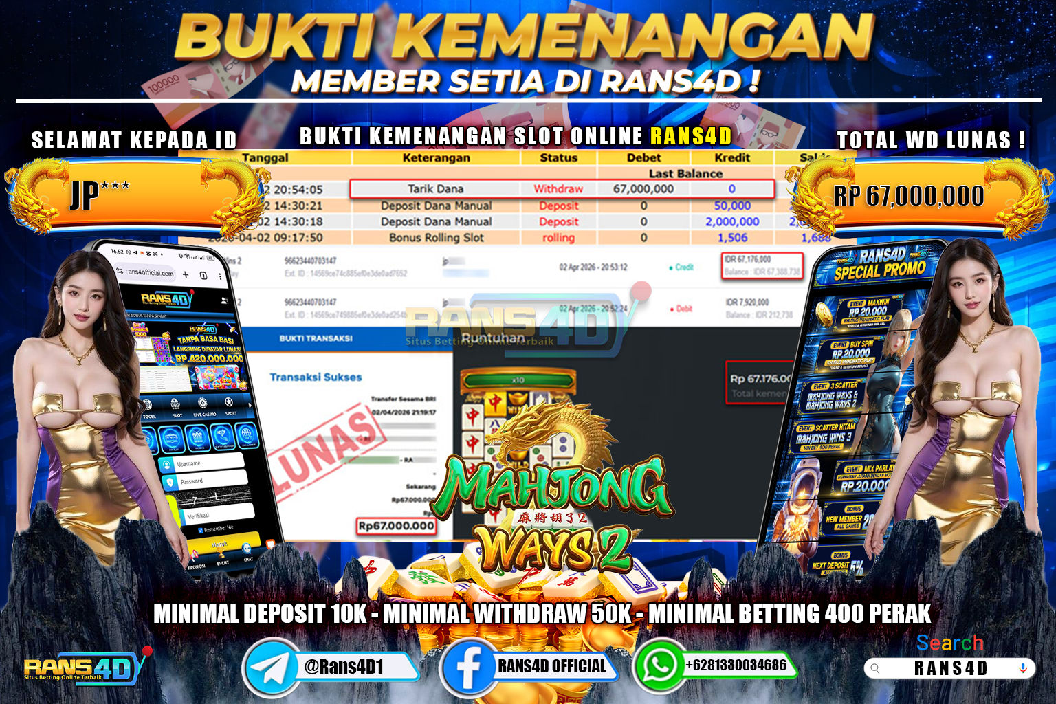 RANS4D JACKPOT SLOT MAHJONG WINS 2 Rp.67.000.000,- LUNAS
