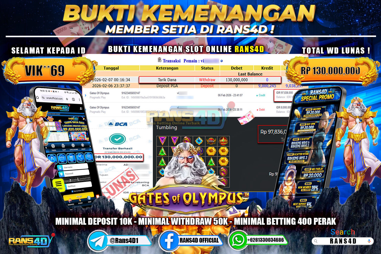 RANS4D JACKPOT GATES OF OLYMPUS RP 130.000.000; LUNAS