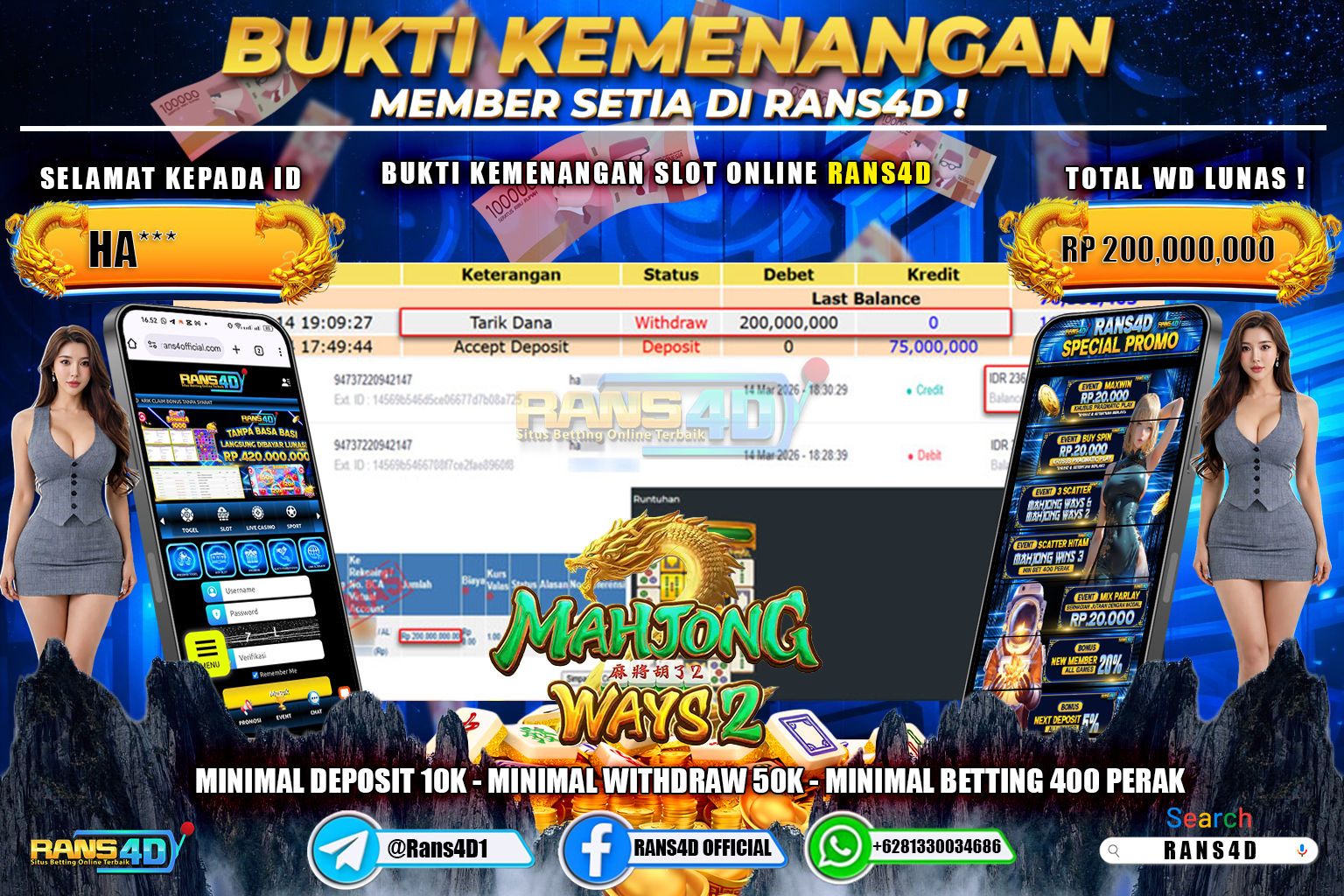 RANS4D JACKPOT SLOT MAHJONG WINS 2 Rp. 200.000.000,- LUNAS