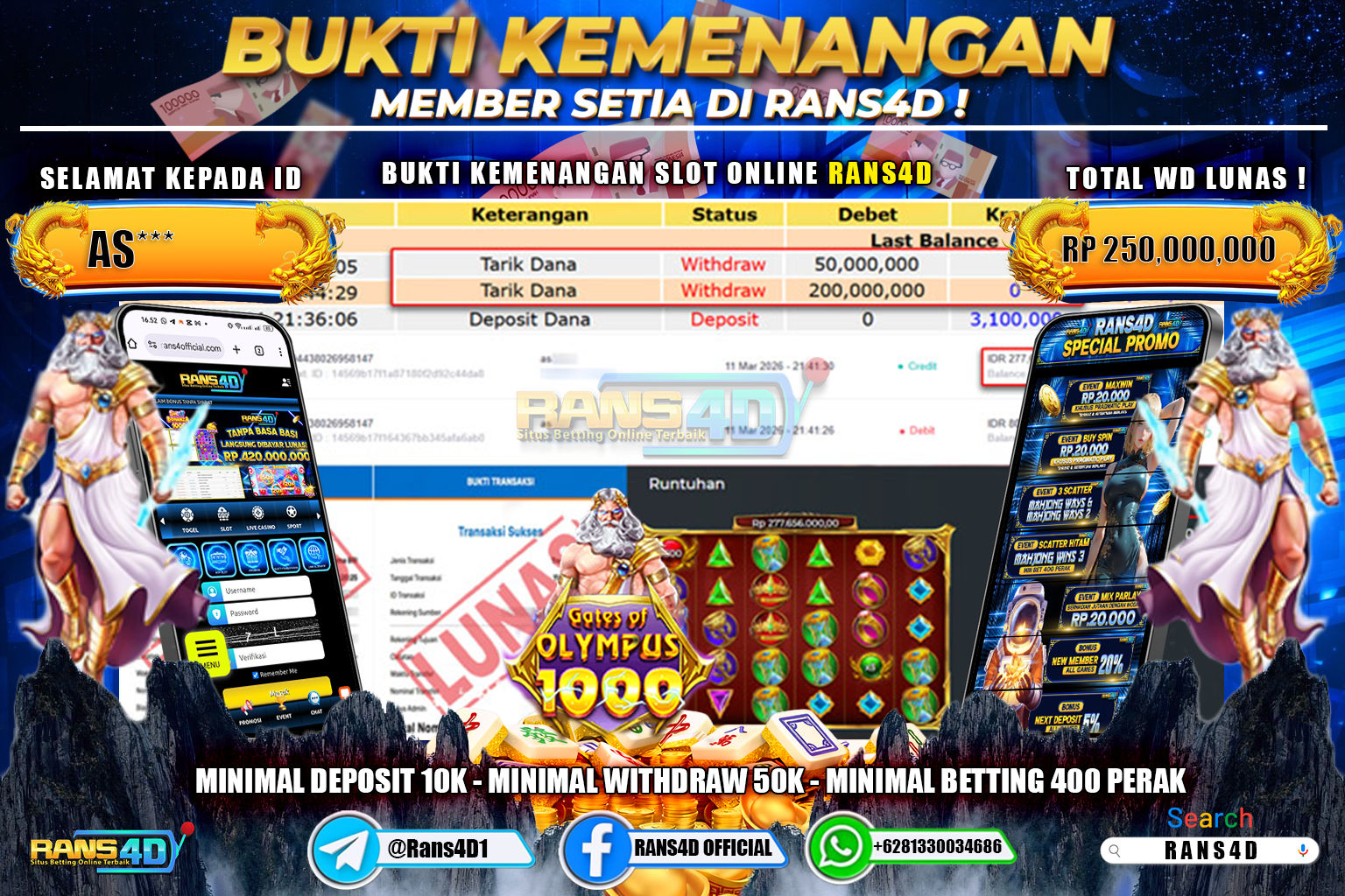 RANS4D JACKPOT SLOT GATES OF OLYMPUS SUPER SCATTER Rp. 250.000.000,- LUNAS