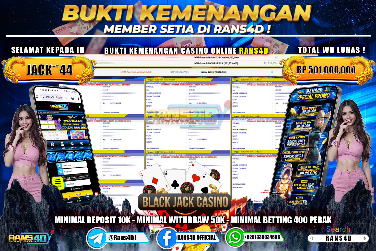 RANS4D JACKPOT LIVE CASINO BLACK JACK RP 501.000.000; LUNAS