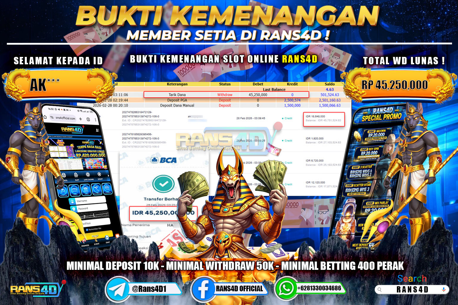 RANS4D JACKPOT SLOT ANUBIS WRATH Rp.45.250.000,- LUNAS