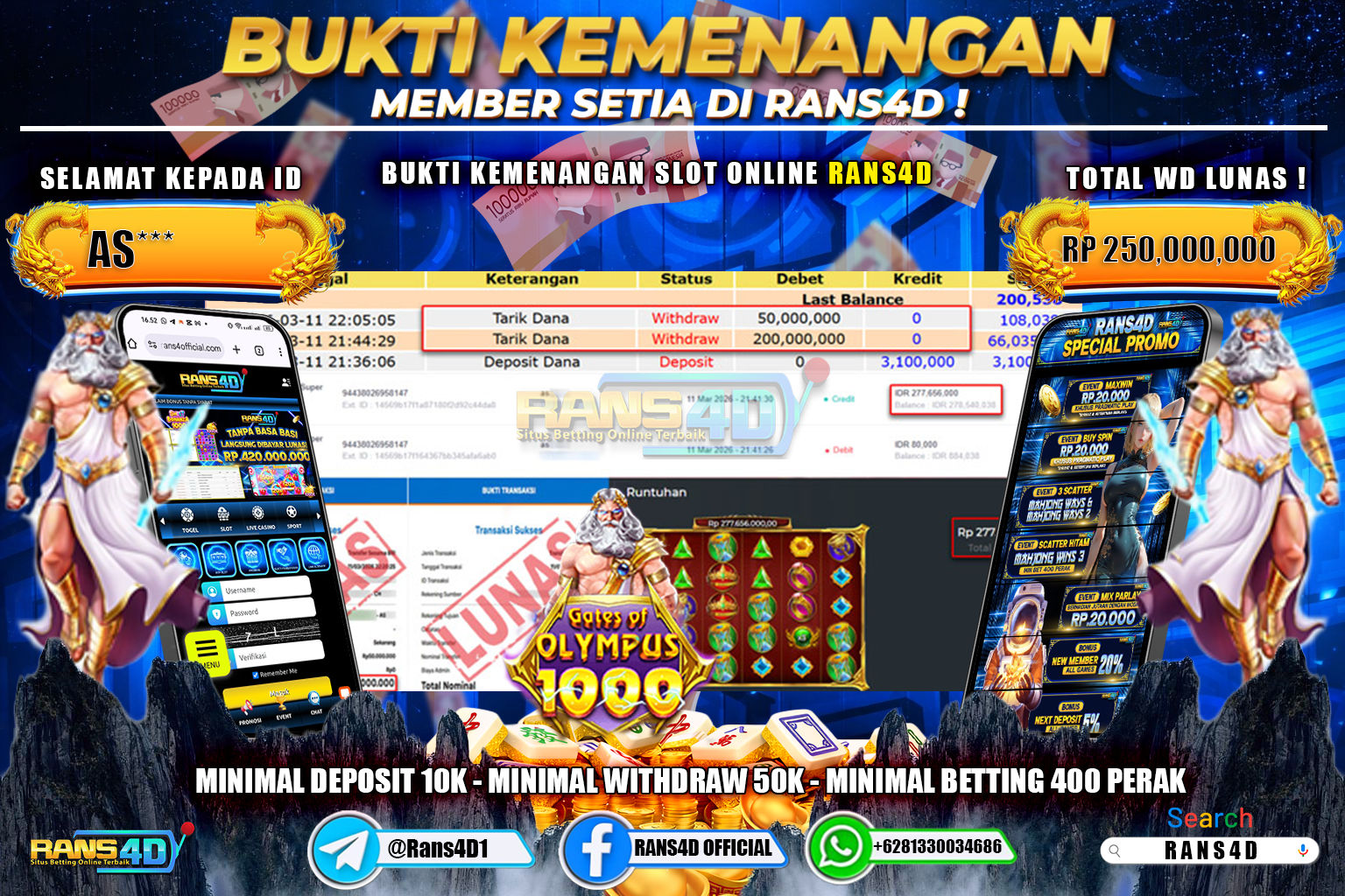  RANS4D JACKPOT SLOT GATES OF OLYMPUS SUPER SCATTER Rp. 250.000.000,- LUNAS