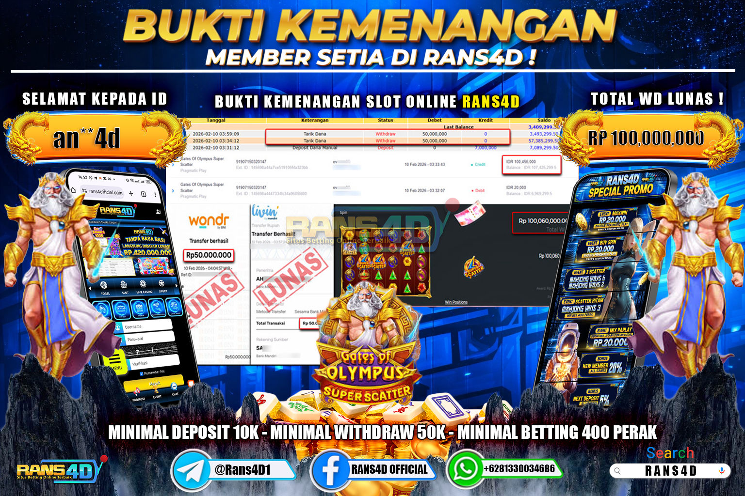 RANS4D JACKPOT SLOT GATES OF OLYMPUS SUPER SCATTER  RP 100.000.000; LUNAS