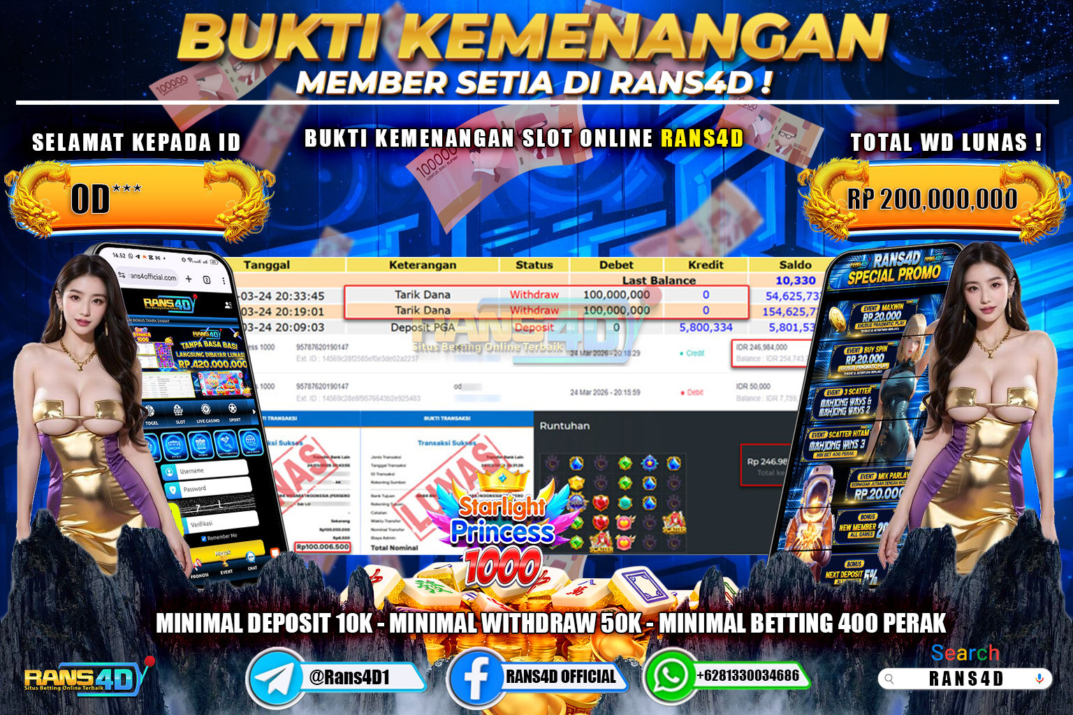 RANS4D JACKPOT SLOT STARLIGHT PRINCESS 1000 Rp. 200.000.000,- LUNAS