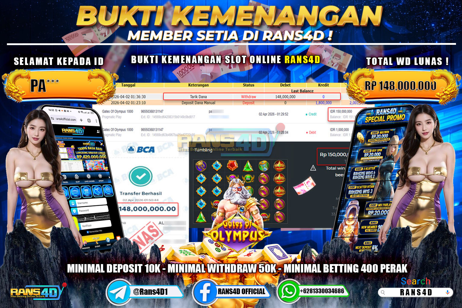 RANS4D JACKPOT SLOT GATES OF OLYMPUS 1000 Rp.148.000.000,- LUNAS