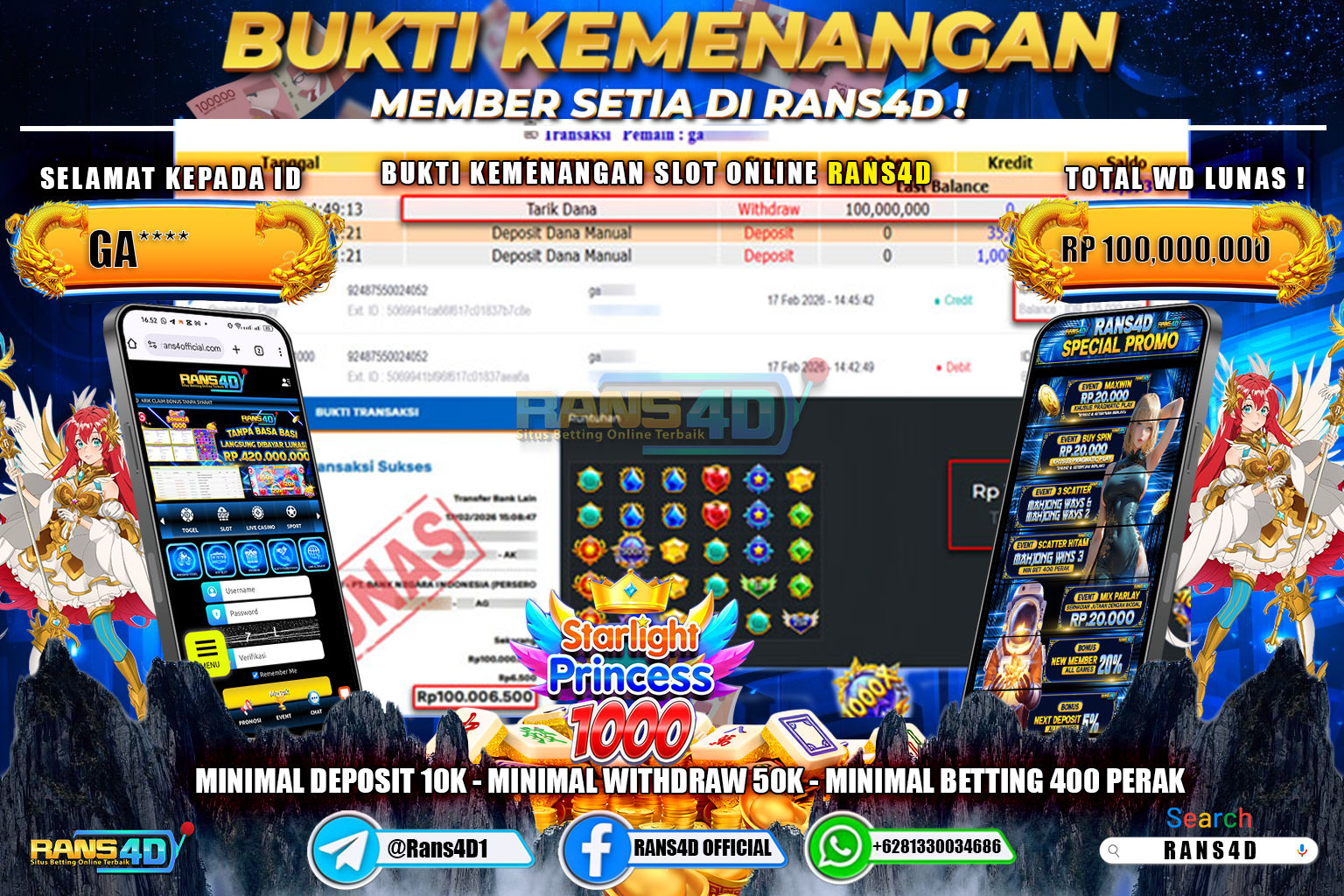  RANS4D JACKPOT SLOT STARLIGHT PRINCESS 1000 Rp.100.000.000,- LUNAS