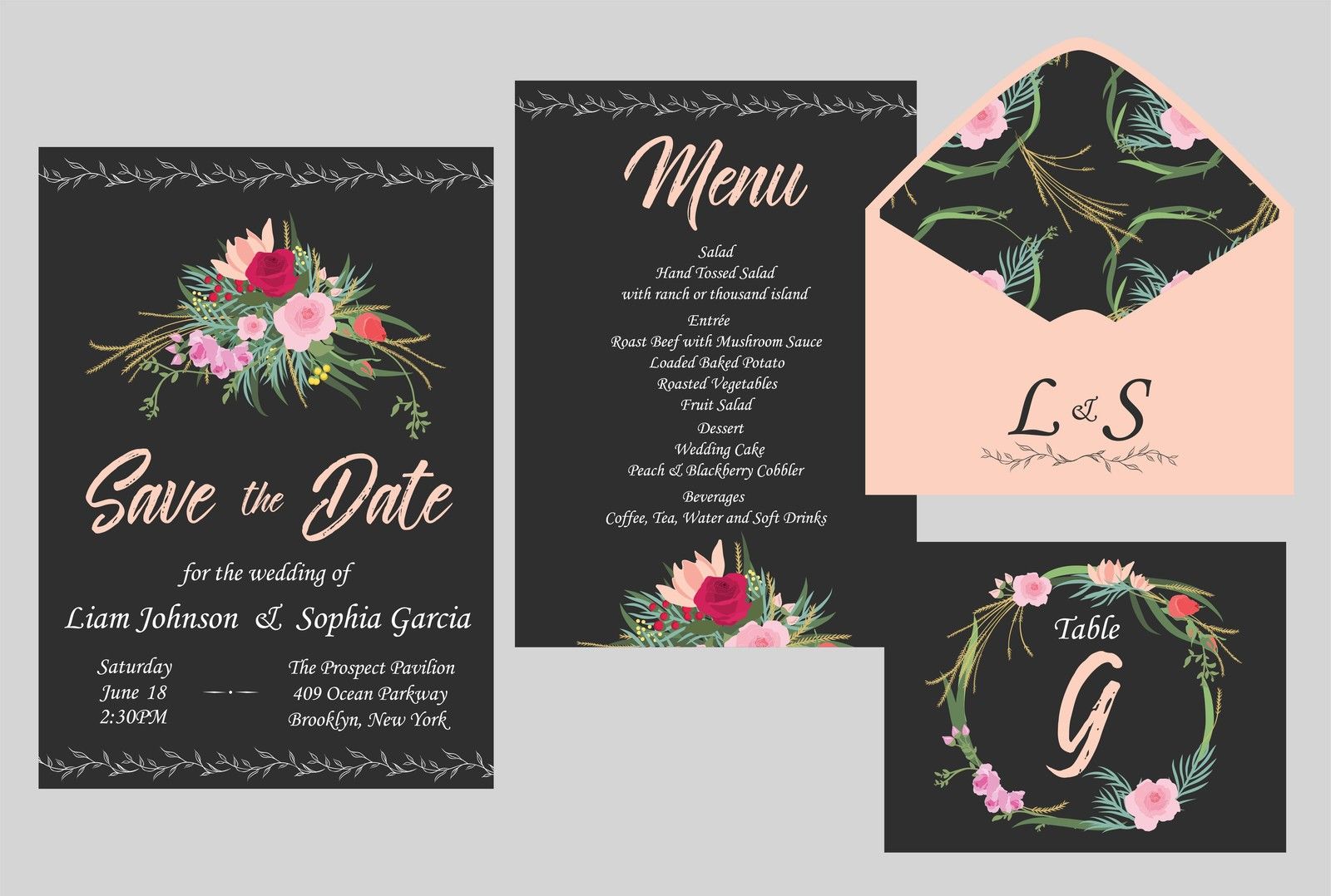 Wedding invitation suite with a monogrammed envelope, save the date card, and menu card