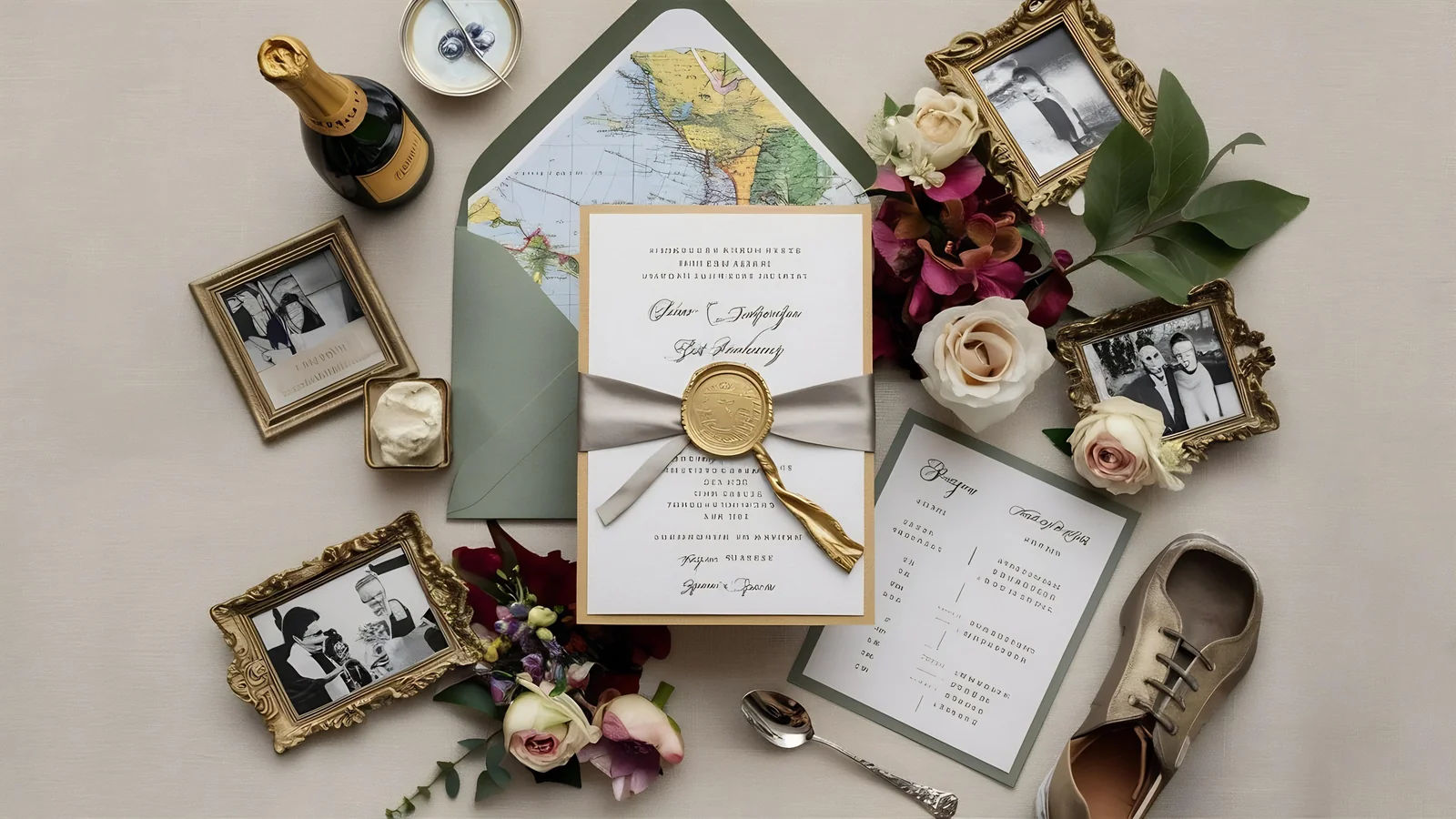 Destination wedding invitation flat lay with a map-lined envelope, champagne, and travel details