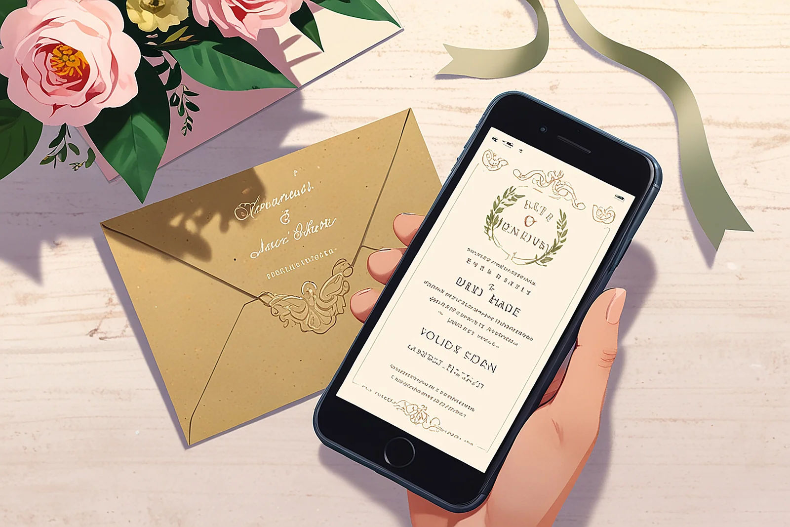 Digital wedding invitation on a phone screen held beside a printed envelope