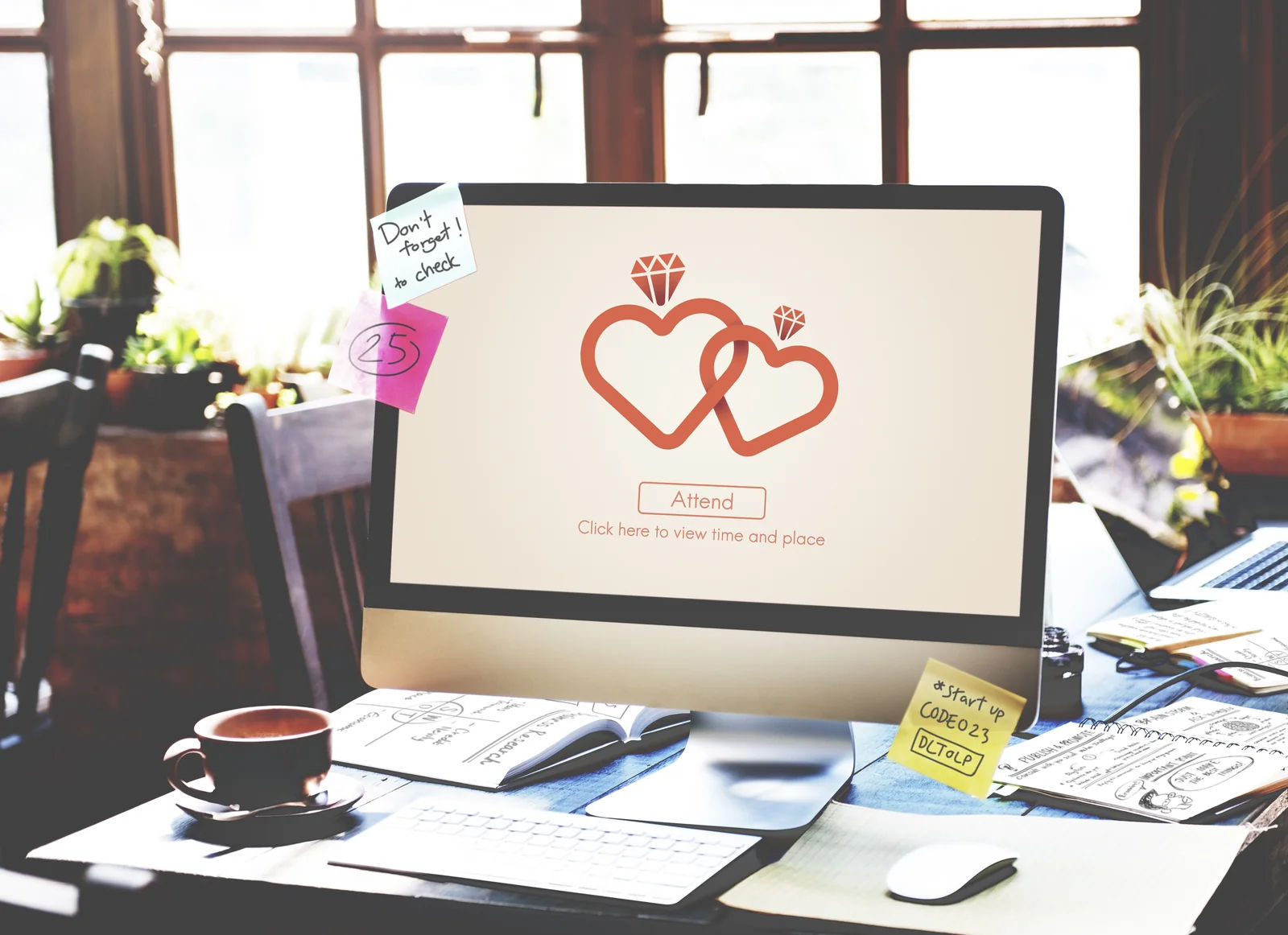 Wedding website open on a desktop screen showing an RSVP button and event details