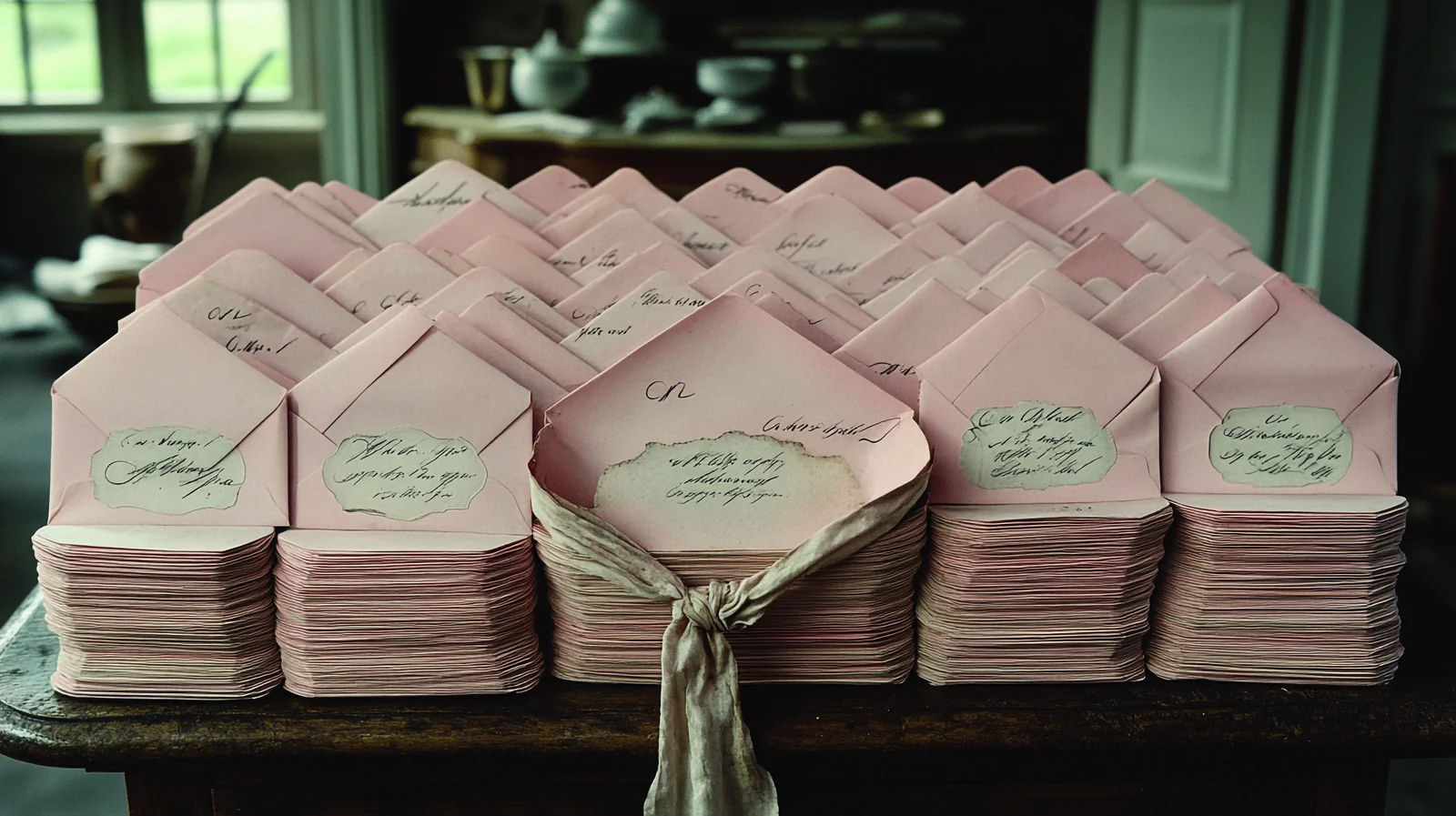 Stacks of addressed pink wedding envelopes waiting to be sent in batches