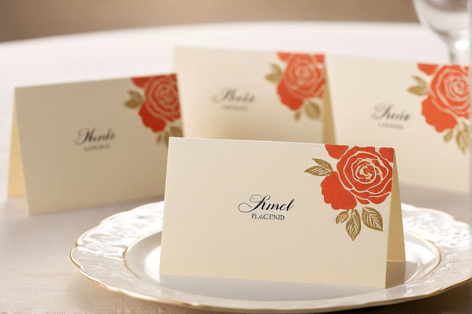 Wedding reception place cards on a set table, each naming one invited guest