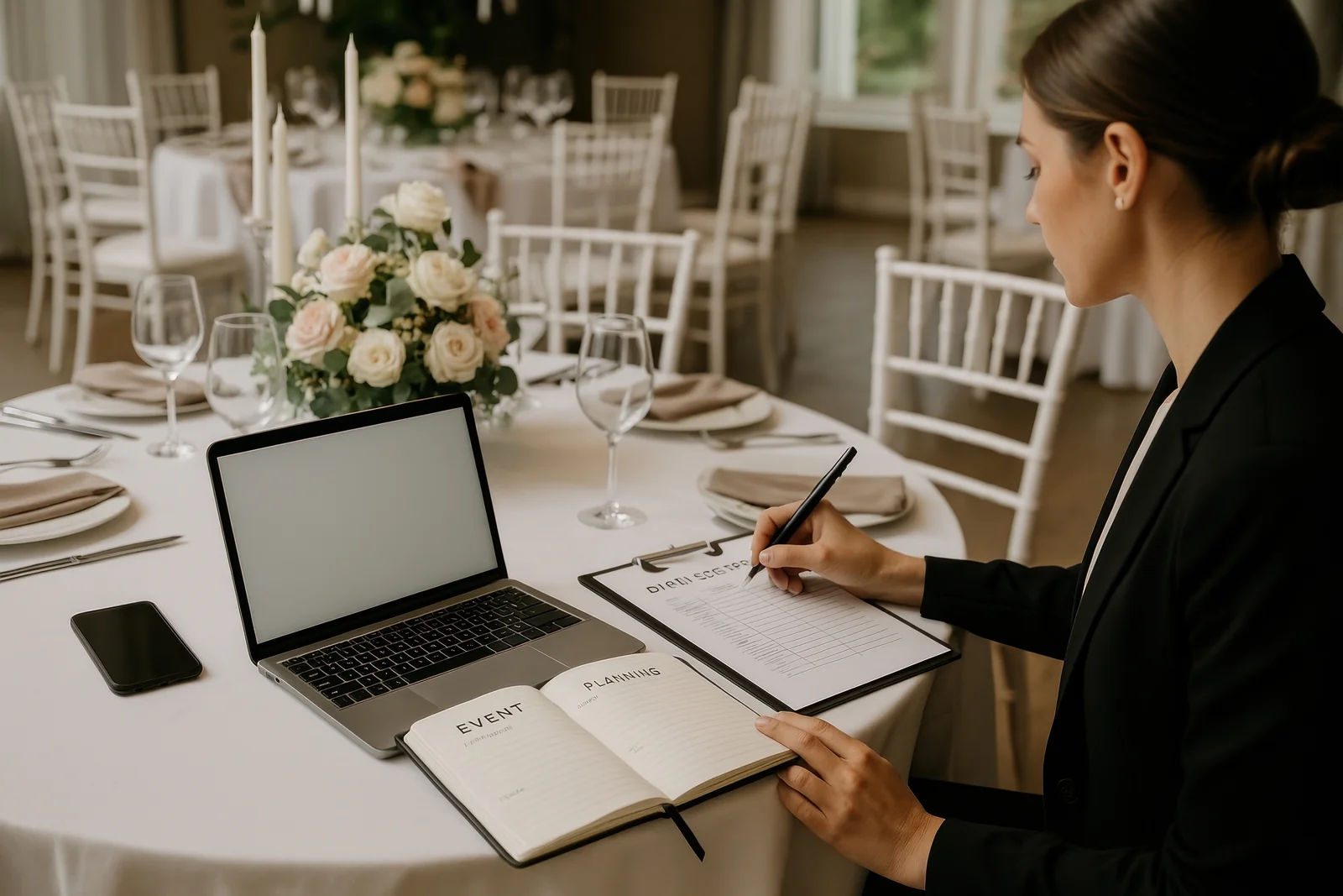 Wedding planner reviewing a guest list on a clipboard beside a set reception table
