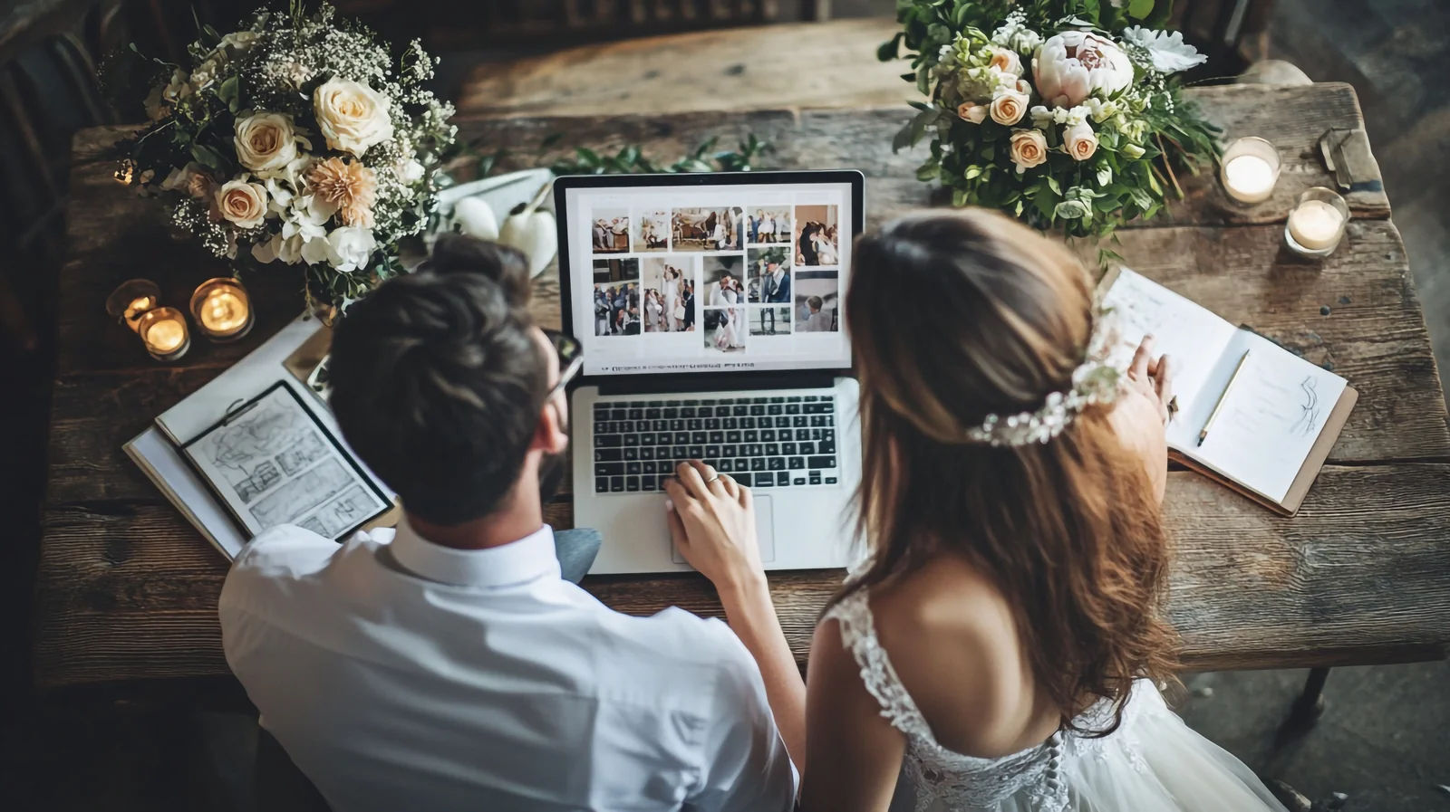 Couple looking at their wedding website together on a laptop while planning