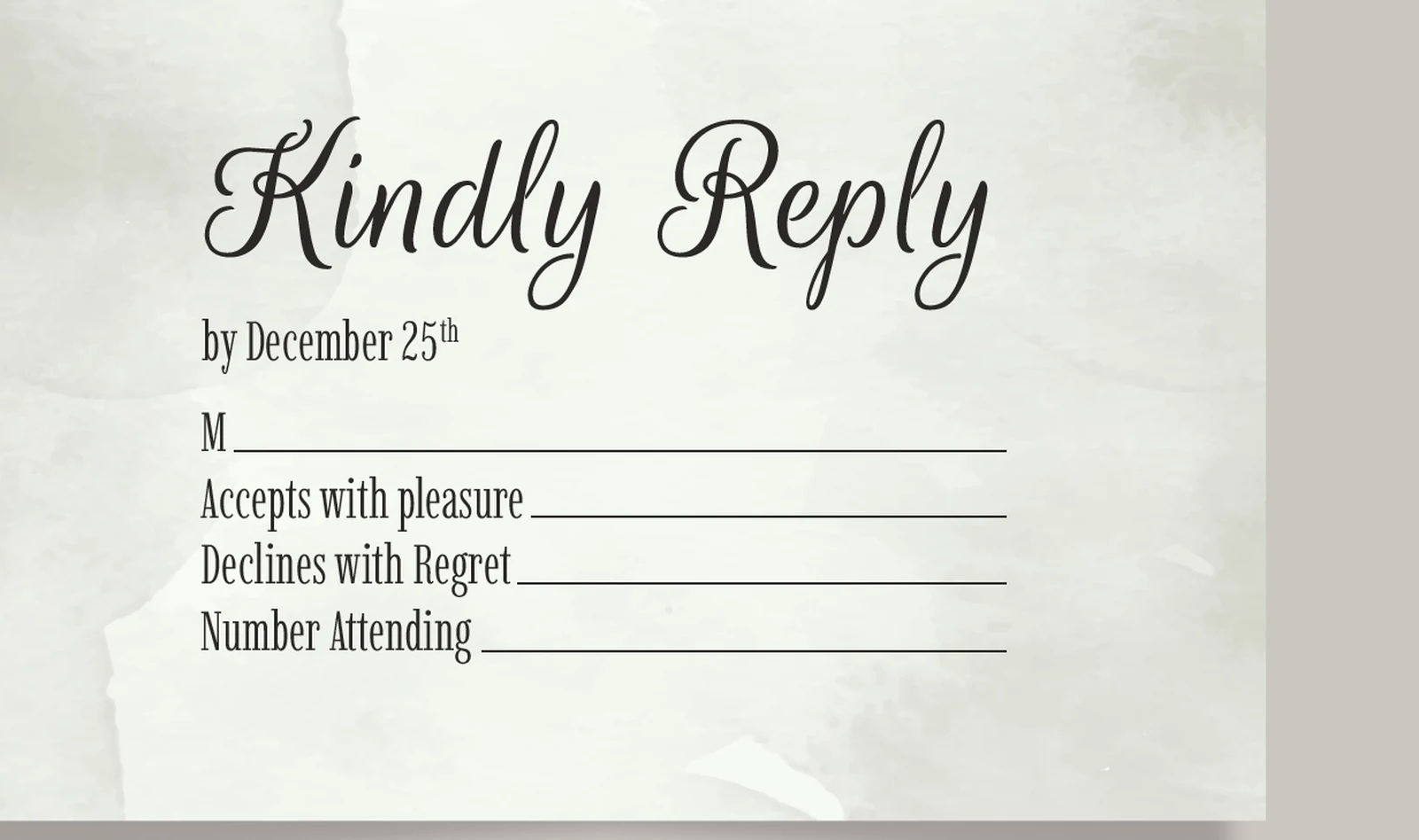 Wedding reply card with lines for guest names and the number attending