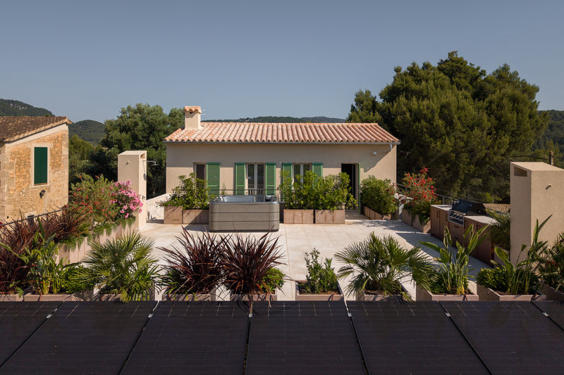 Roof terrace with solar panels