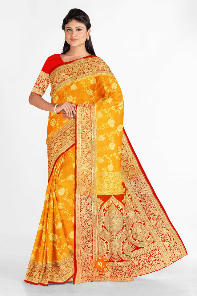 Yellow Banarasi Saree With Contrast Red Blouse Combination