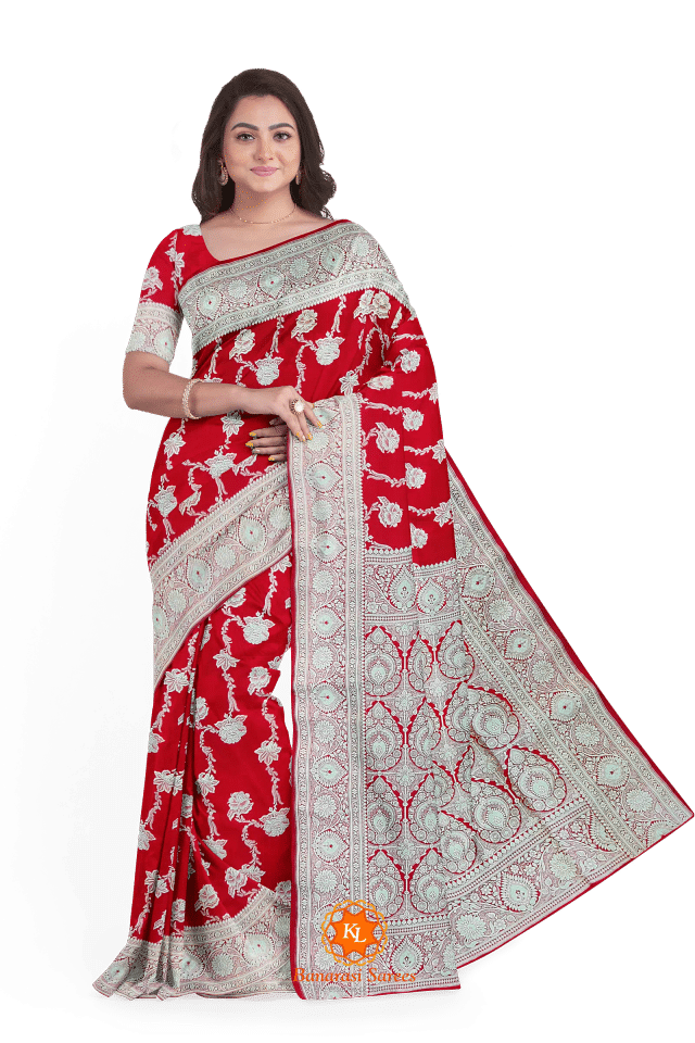 Red Jaal Banarasi Soft Silk Saree With Brocade Blouse