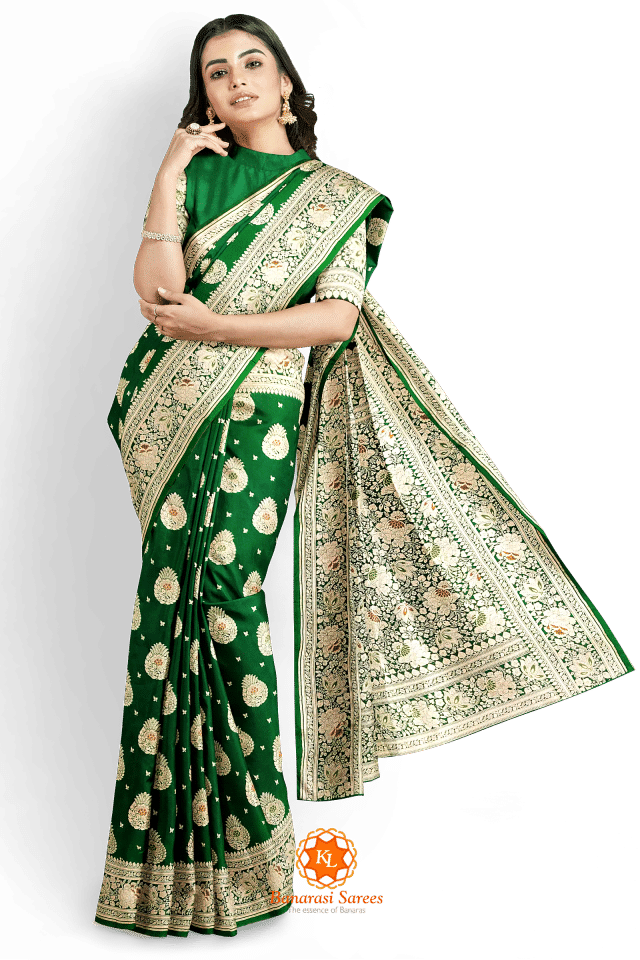 Green Soft Banarasi Saree With Zari And Meena Work