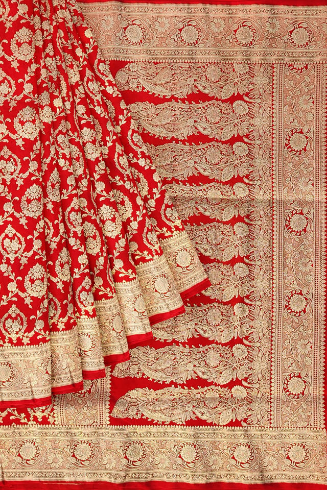 Red Banarasi silk saree with zari weaving work