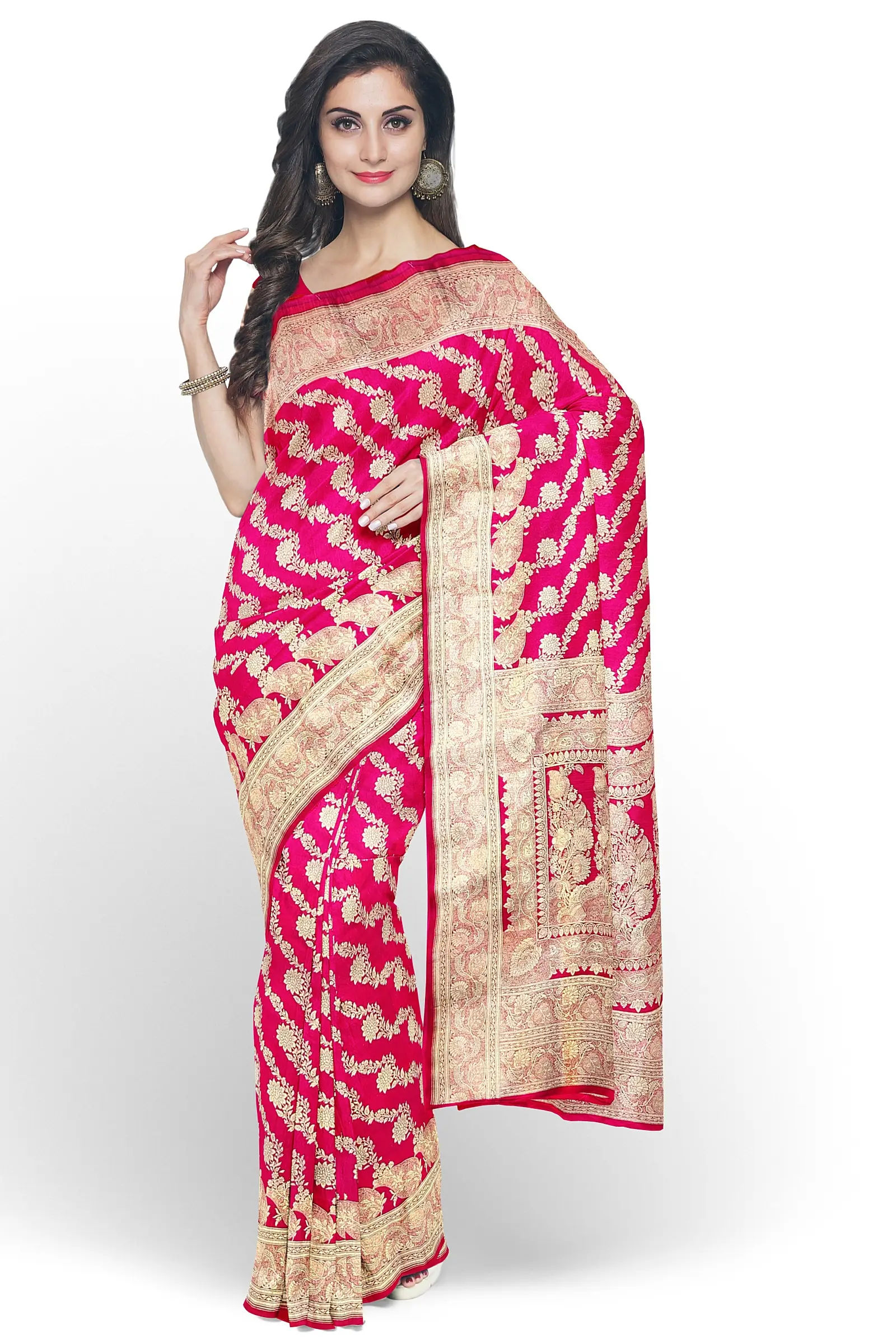 Rani Pink Zari Embroidered Silk Saree|SARV09212