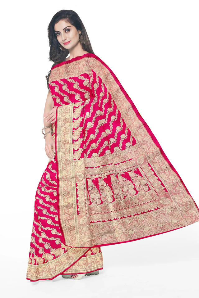 Pink Banarasii Silk Saree With Foral Jaal Pattern