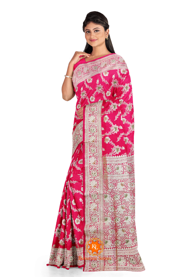 Light Pink Banarasi Soft Silk Saree With Zari And Meena Work