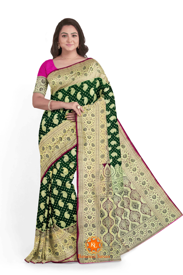 Bottle Green Banarasi Butti saree with Light zari