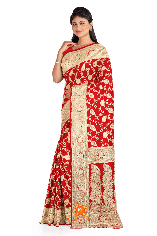Soft Brocade Banarasi Rama Green Saree with contrast Red Blouse