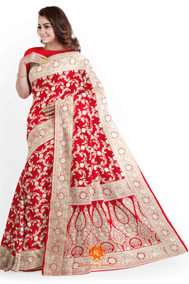  Red Banarasi Soft Silk With Floral Jaal Pattern