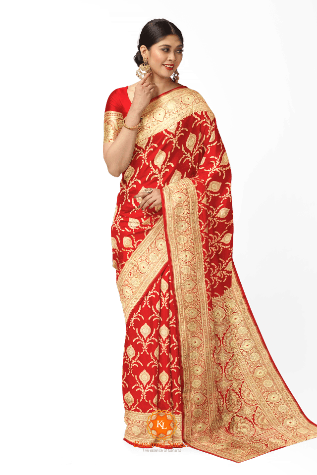 Red Banaras Soft Silk Saree With Floral Jaal Pattern