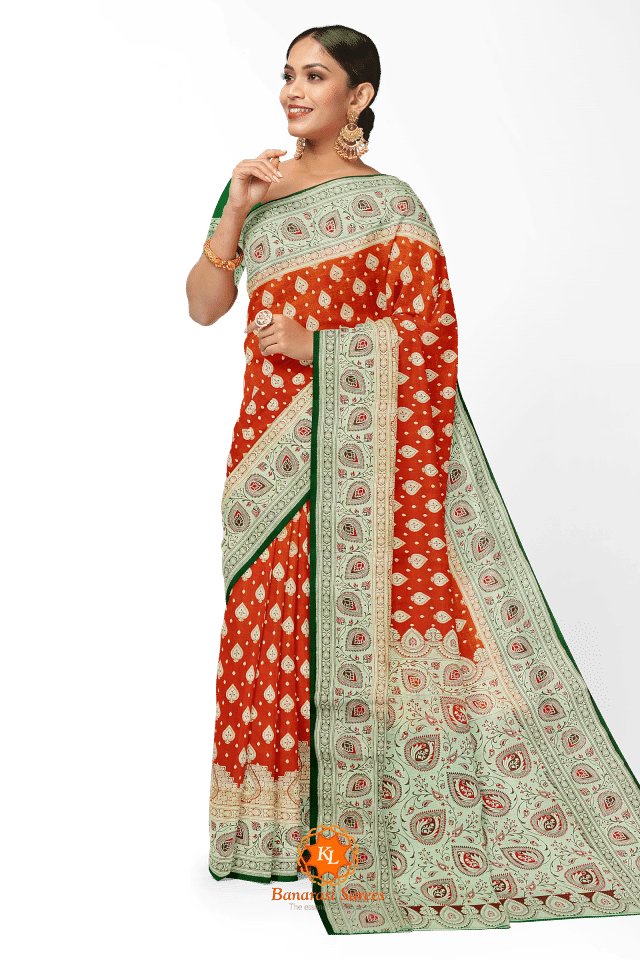 Banarasi Orange Leaf Butti Saree