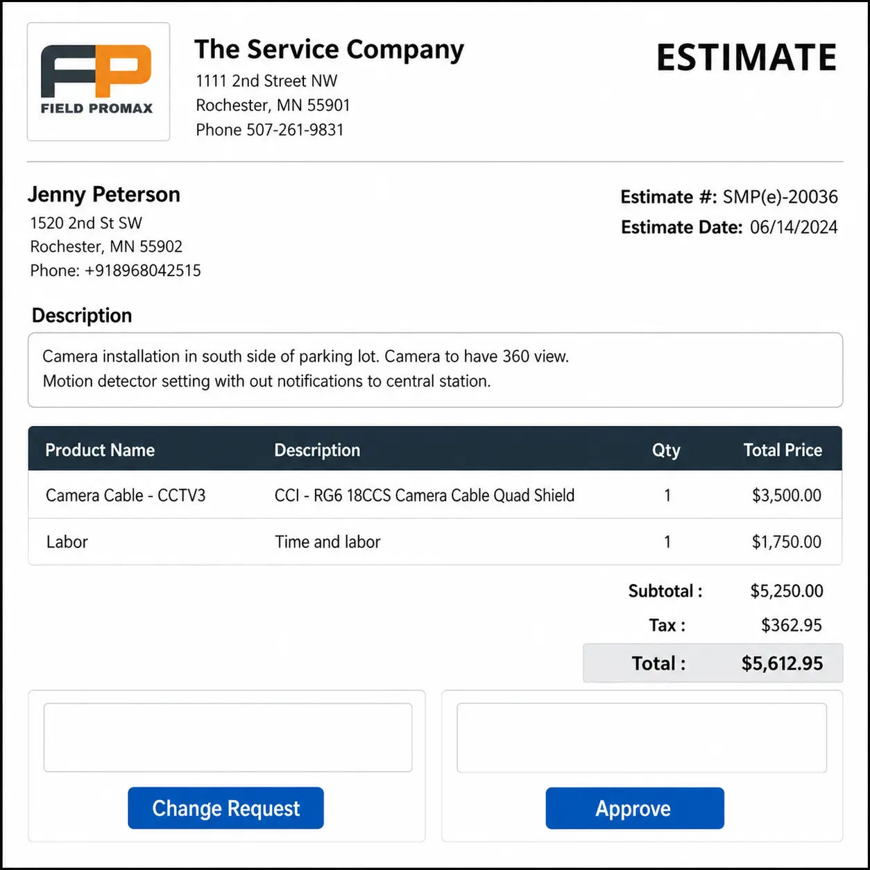 Estimate detail screen showing line items, materials, and pricing ready for customer approval from a mobile device