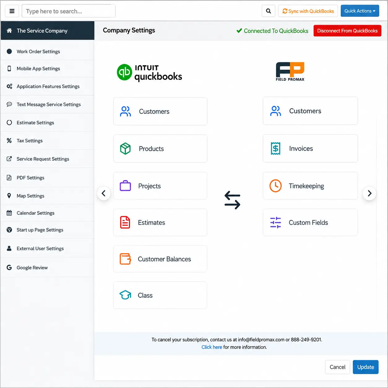Integrations hub showing QuickBooks, payment processors, and field-service tools connected to keep job data and invoices in sync