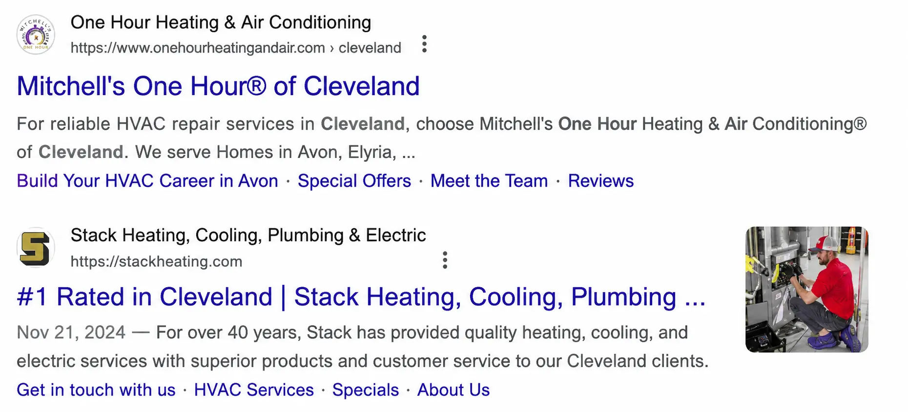 Optimized service page result in Google SERP showing structured data with rating, hours, and contact information