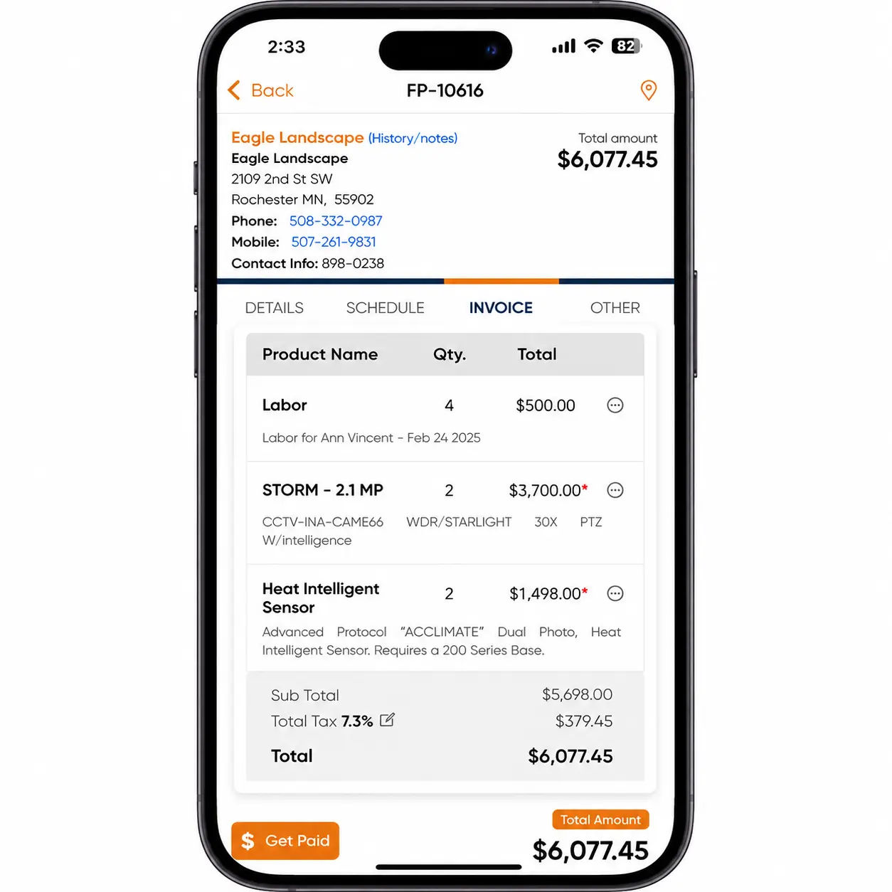 Field Promax invoicing and payments dashboard showing outstanding balances and paid status