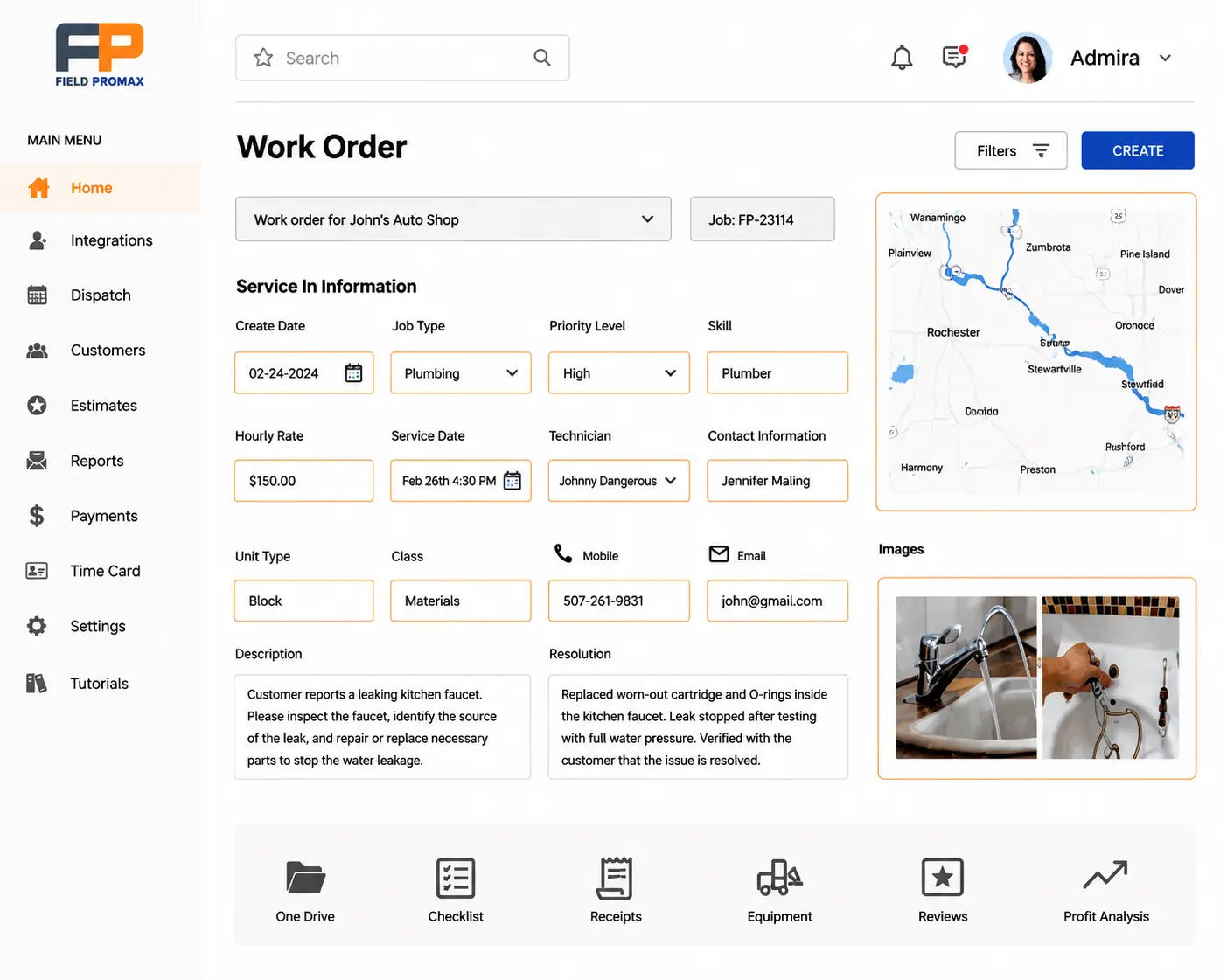 Work order detail view with customer, job description, line items, and status