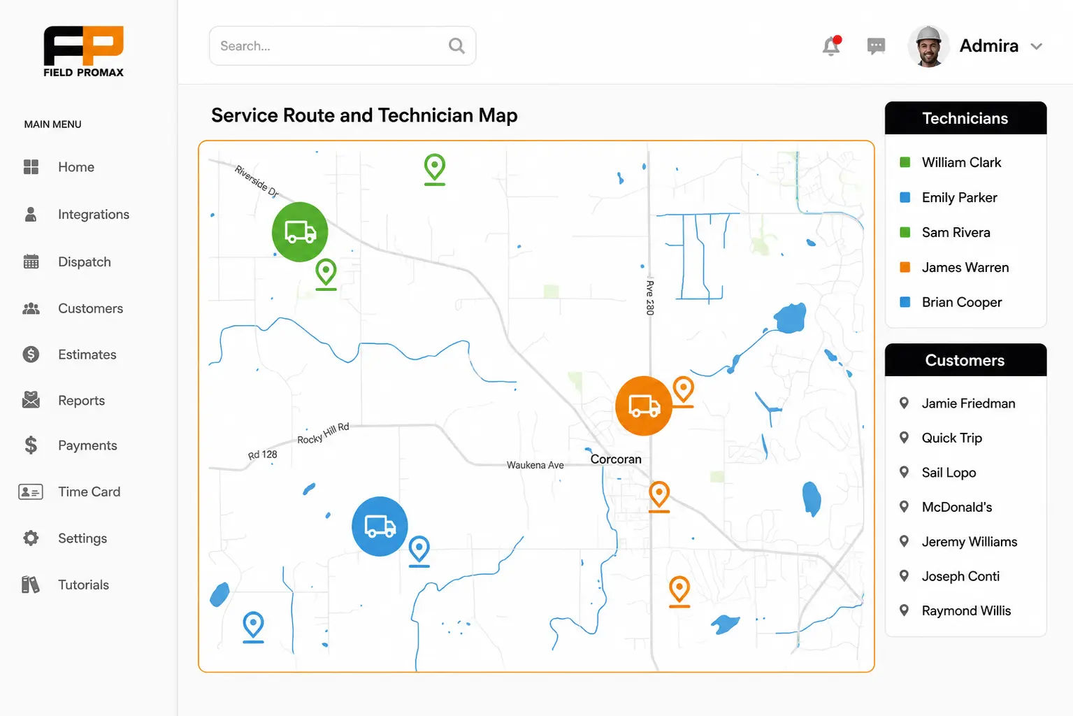 Field Promax GPS tracking dashboard showing live truck and technician locations on a route map for a field service shop